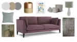 purple sofa with neutral accessories