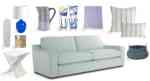 light blue family sofa with accessories
