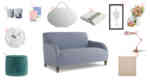 blue mid-century sofa and accessories